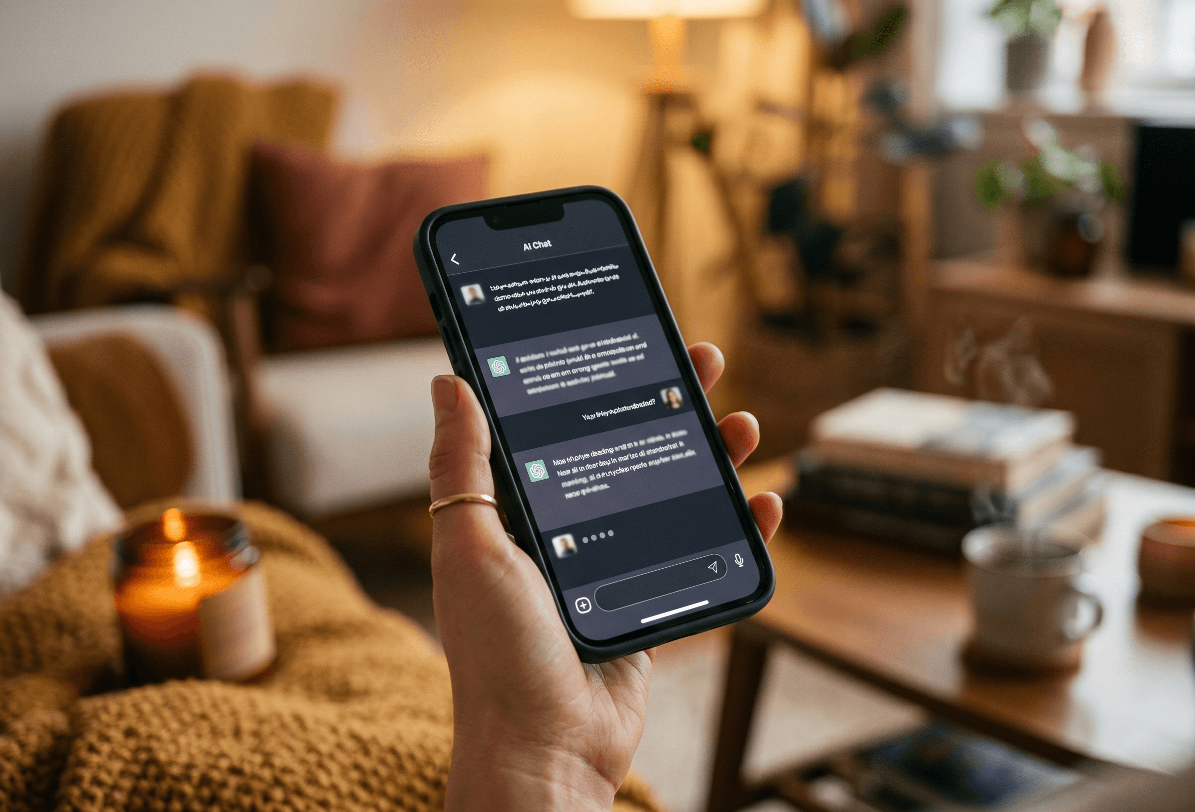 A hand holding a phone showing an AI chat conversation
